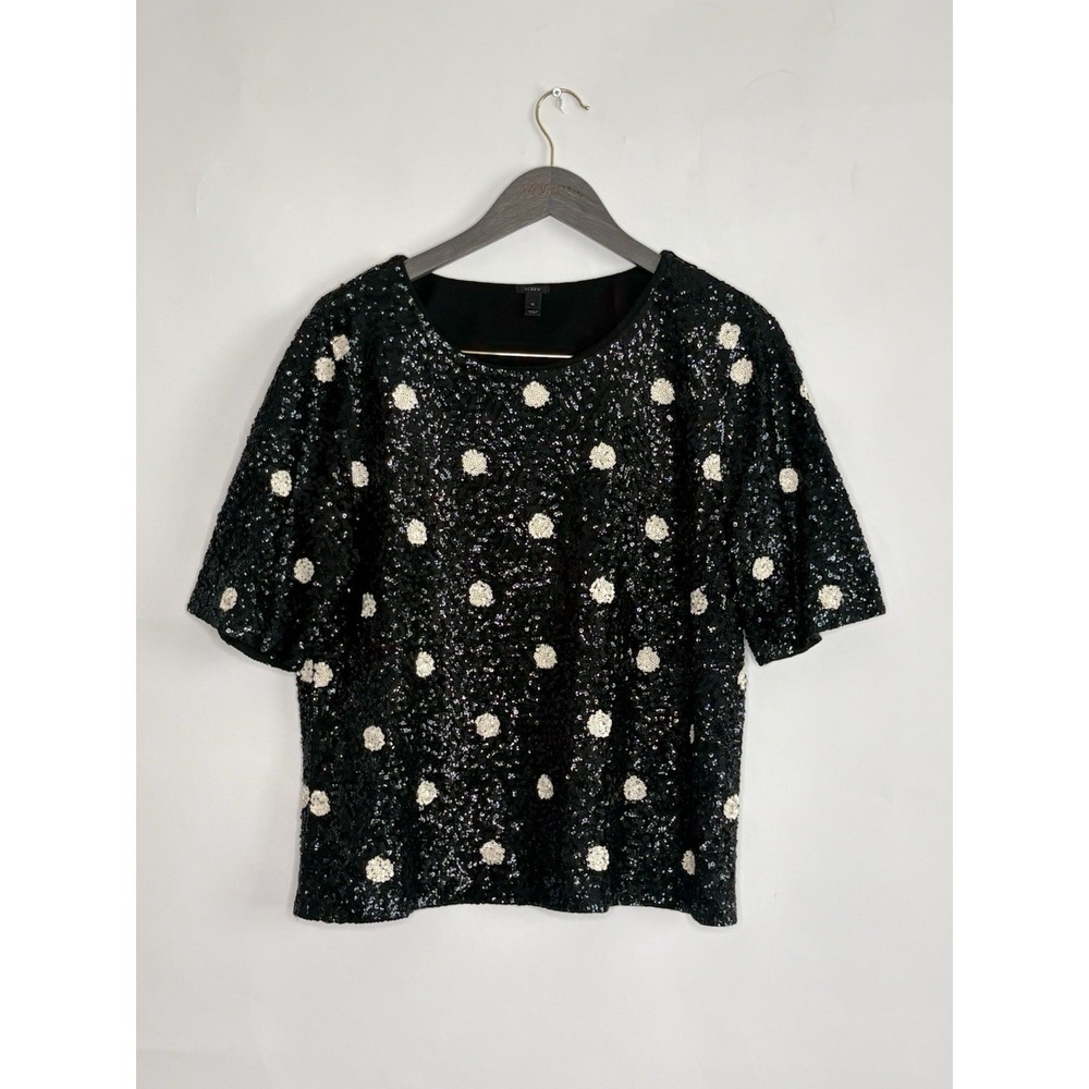 J CREW Women Xl Sequin Scoop Neck Short Sleeve Polka Dot T Shirt Top Black White